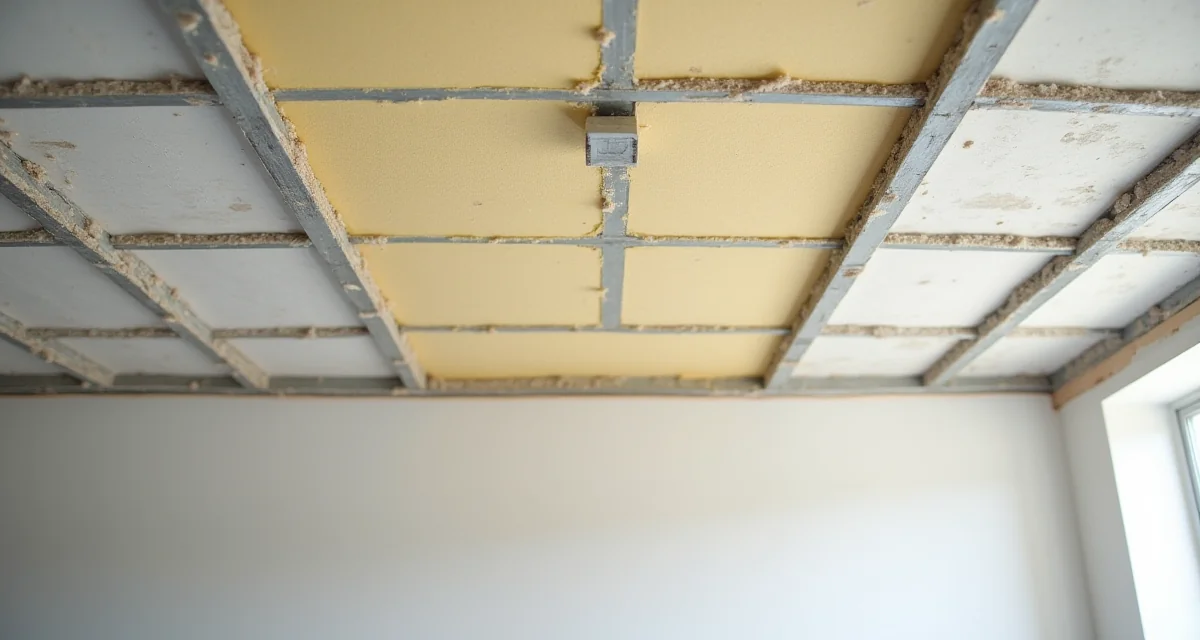 Lana minerale acustica posata sopra la cartongesso su griglia metallica nel controsoffitto in costruzione