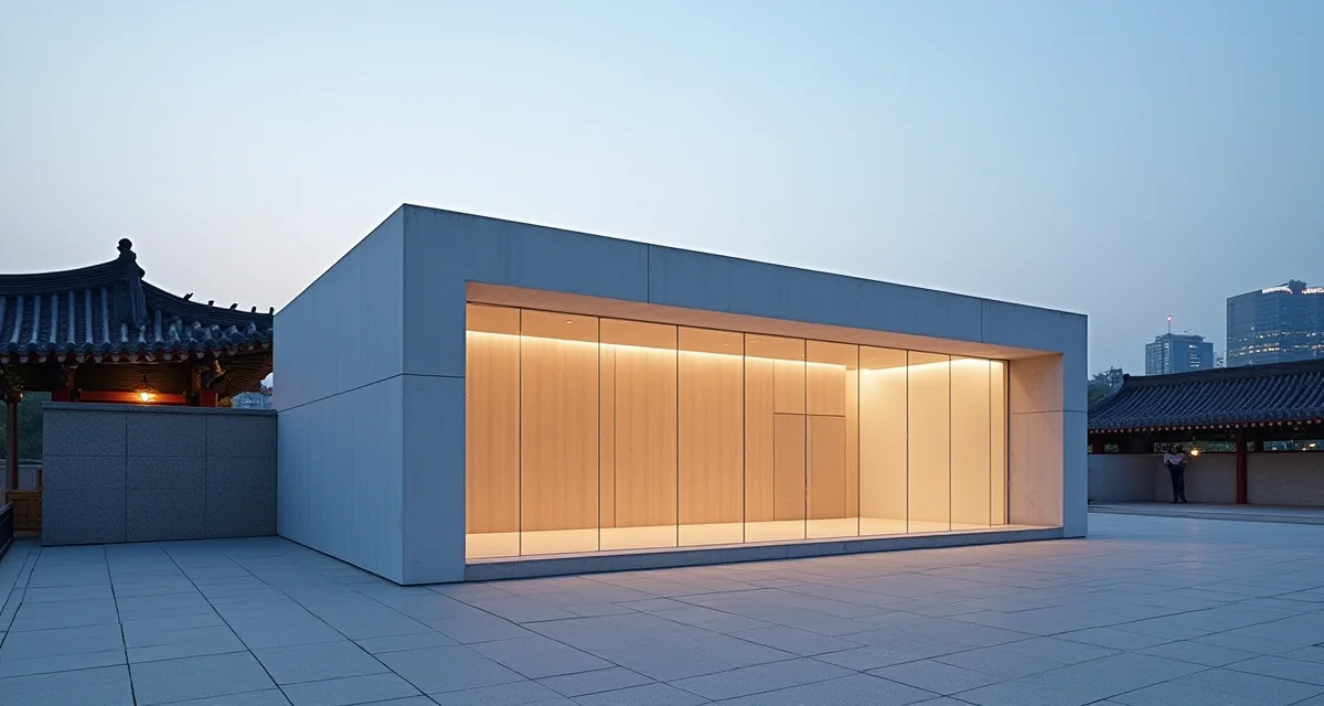 Padiglione espositivo contemporaneo a Seoul con tetti storici del palazzo e grattacieli sullo sfondo