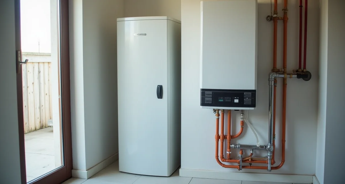 Caldaia ibrida con pompa di calore e caldaia a gas collegate da tubazioni in un locale tecnico pulito