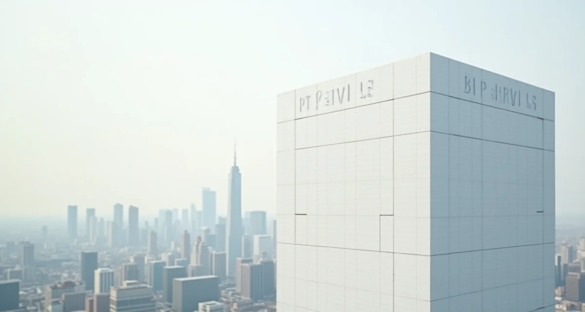 Facciata di edificio moderno rivestita con pannelli ceramici bioattivi bianchi contro uno skyline cittadino nebbioso