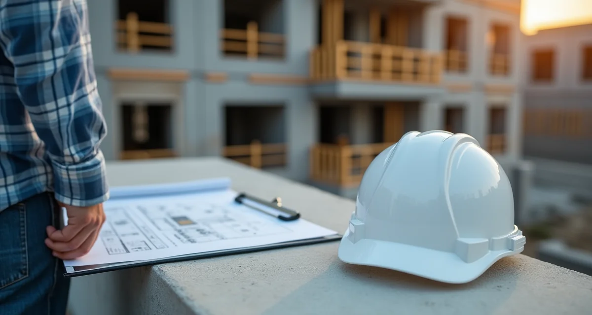 Cappello bianco e bolla da cantiere su muro di cemento con planimetrie, simbolo del ruolo del RUP nel nuovo Codice degli appalti