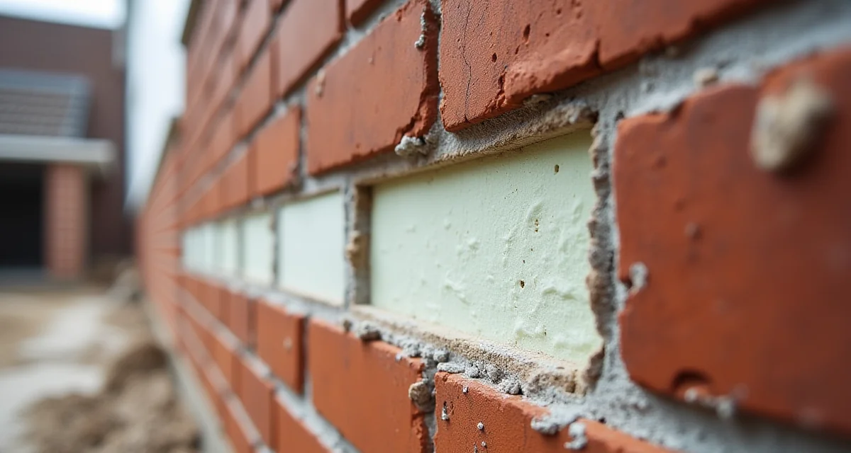 Dettaglio di un muro in costruzione con due fogli di mattoni e pannelli isolanti rigidi