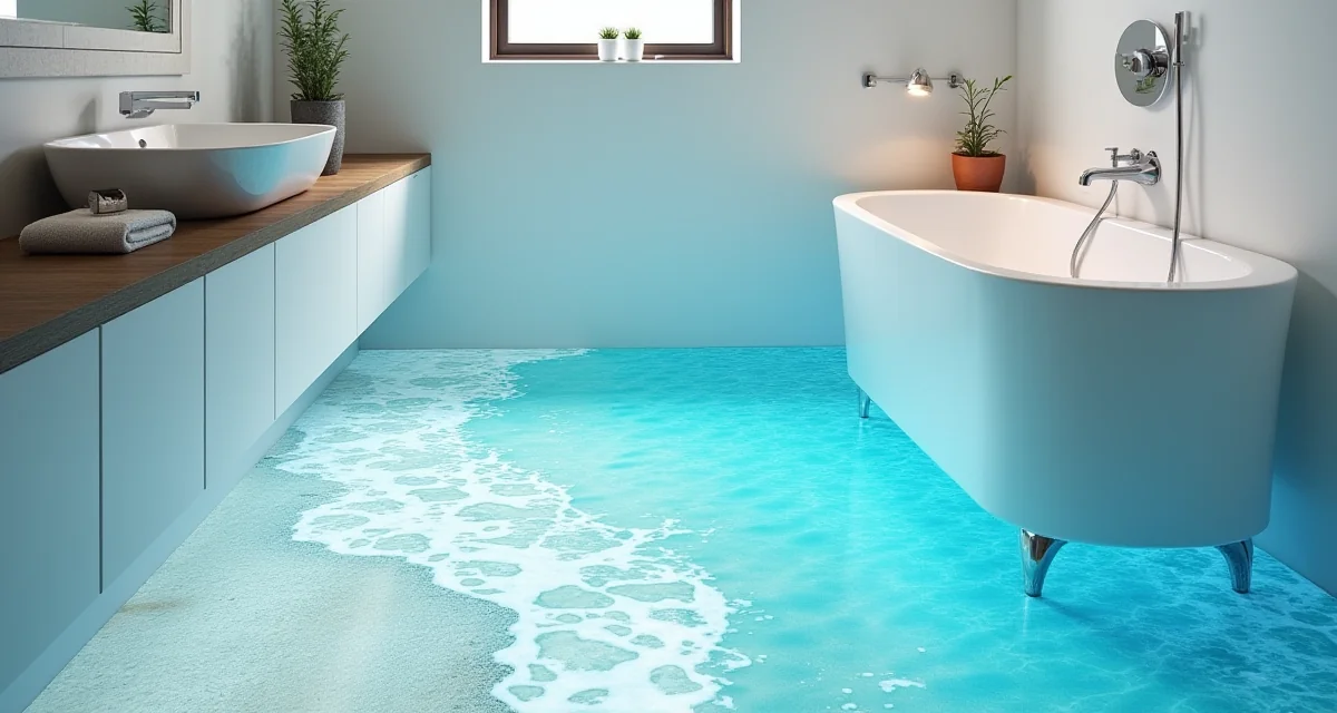 Pavimento in resina epossidica 3D con effetto mare realistico in un bagno moderno illuminato