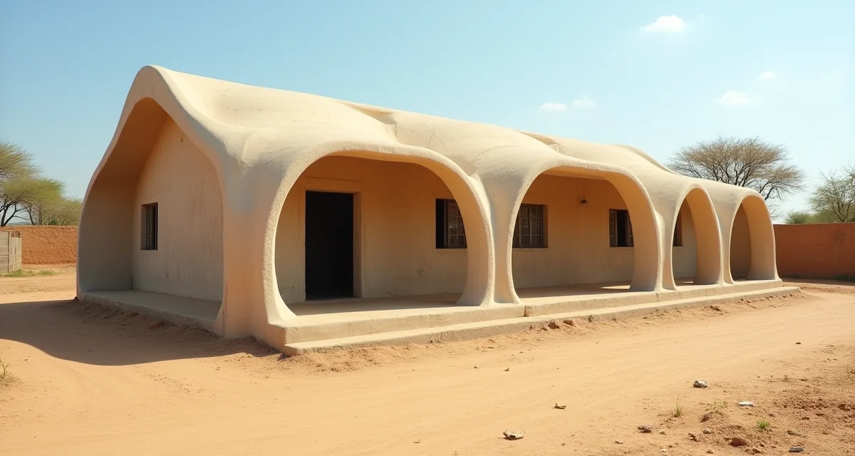 Scuola stampata in 3D con muri in calcestruzzo curvo nel Malawi sotto il sole