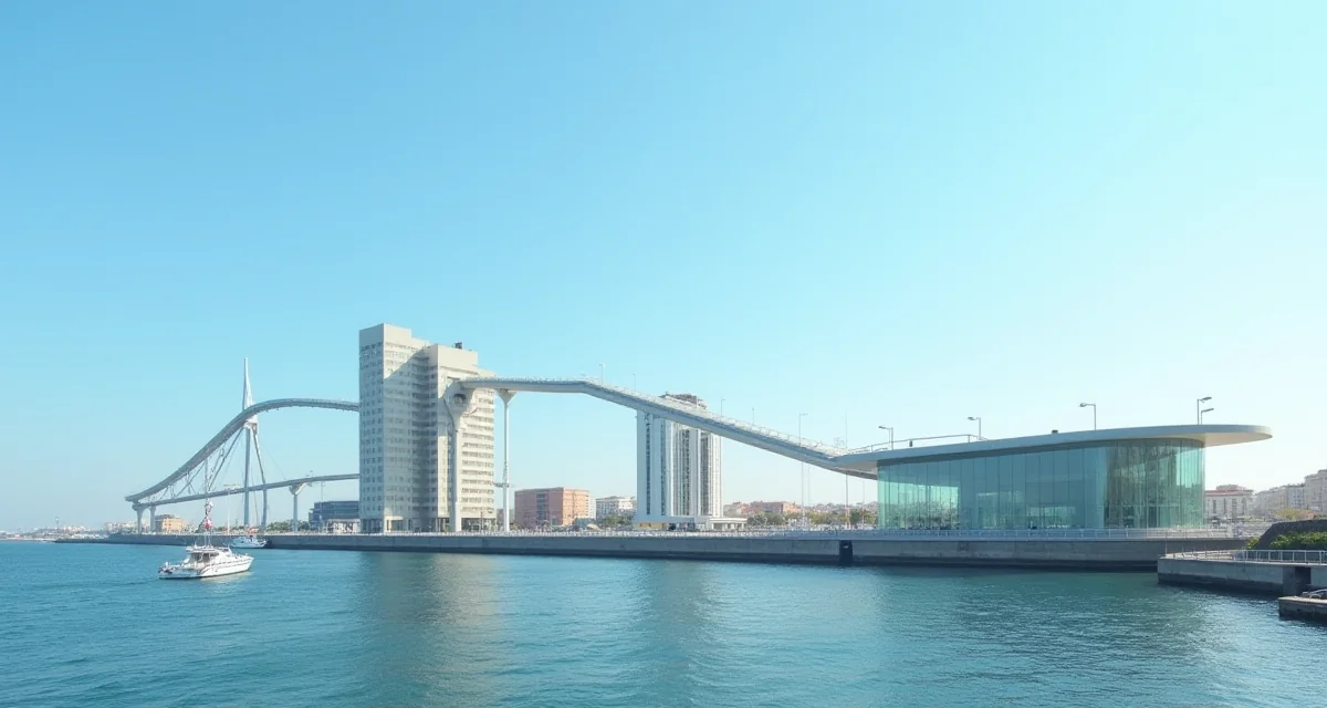 Struttura panoramica Bigo e acquario del Porto Antico di Genova sotto un cielo azzurro