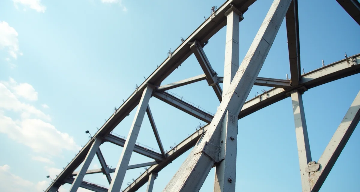 Travi in acciaio zincato a freddo con rivestimento grigio-argento su un ponte industriale contro il cielo