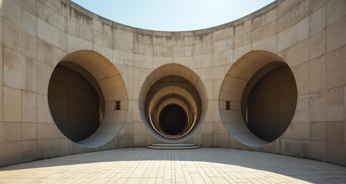 Facciata monumentale in calcestruzzo e mattoni con grandi aperture circolari geometriche tipiche di Louis Kahn