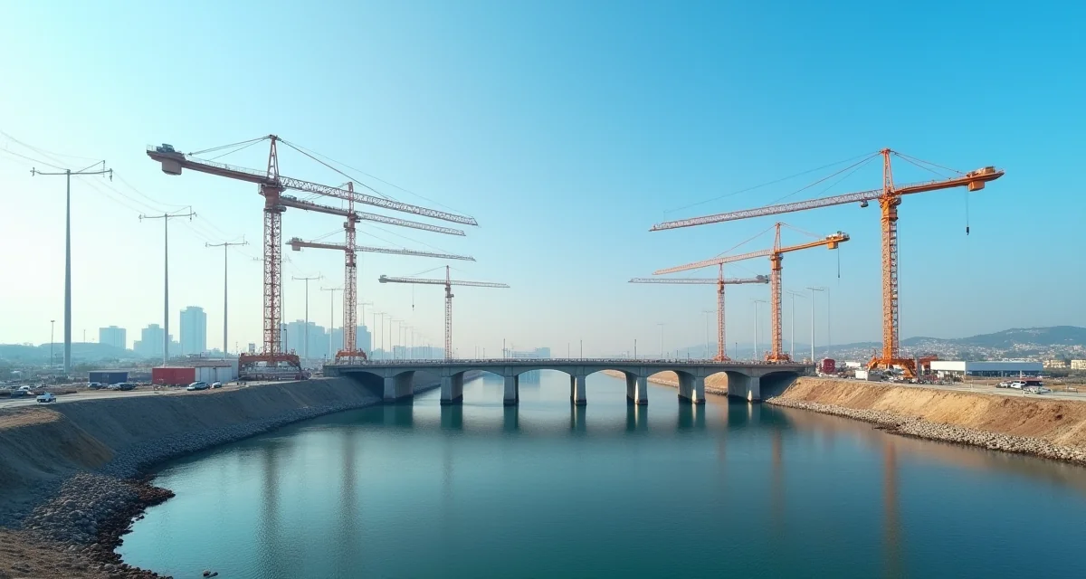 Vista aerea di un cantiere edile italiano con gru torri e viadotto in calcestruzzo sotto il cielo blu