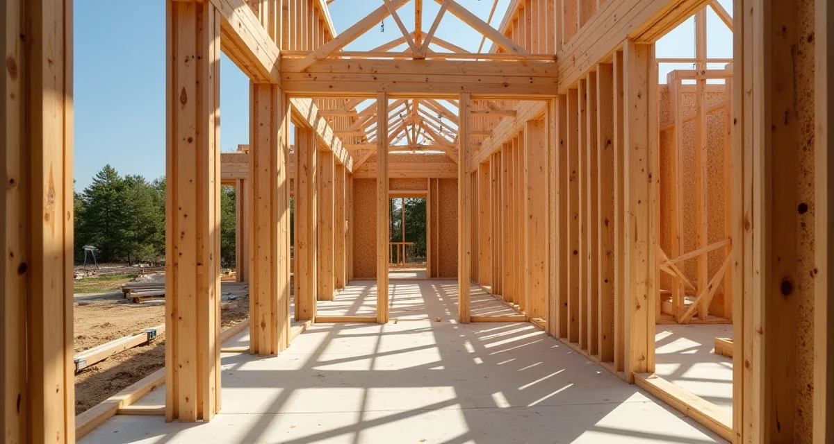 Casa in legno con pareti CLT e connettori metallici sotto costruzione in una giornata di sole