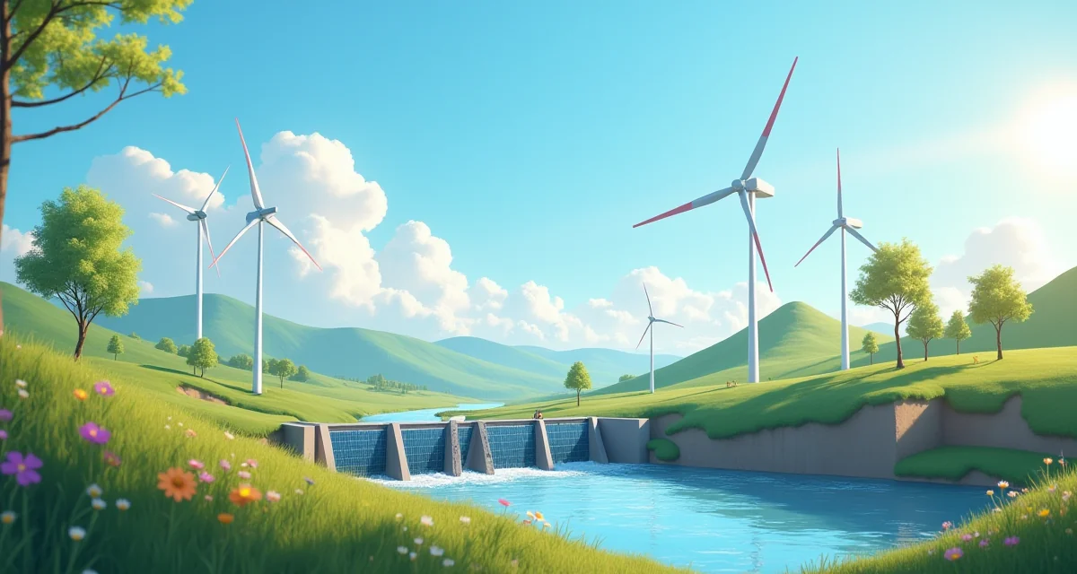 Turbine eoliche, pannelli solari e piccola diga idroelettrica in un paesaggio soleggiato con fonti energetiche rinnovabili