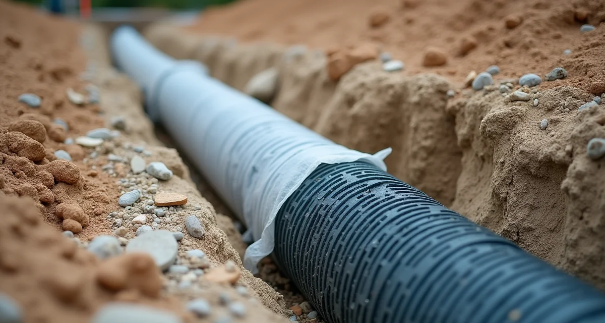 Tubazione drenante corrugata forata avvolta in geotessile posata su ghiaia in una trincea da cantiere