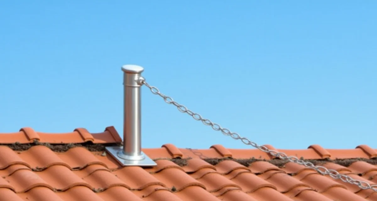 Ancoraggio in acciaio inox per linea vita su colmo di tetto in coppi con cielo blu