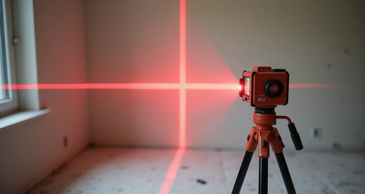 Livella laser rossa su treppiede che proietta linee orizzontali e verticali su una parete durante lavori di ristrutturazione