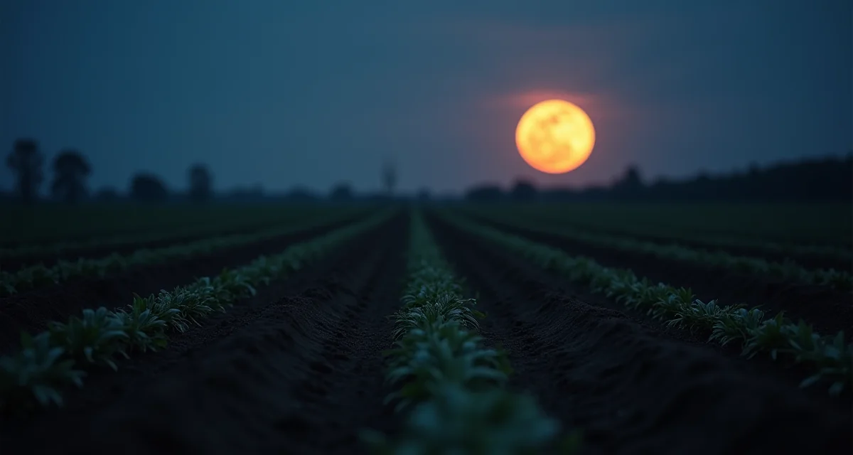 Luna piena che sorge su un campo di ortaggi appena seminato al crepuscolo