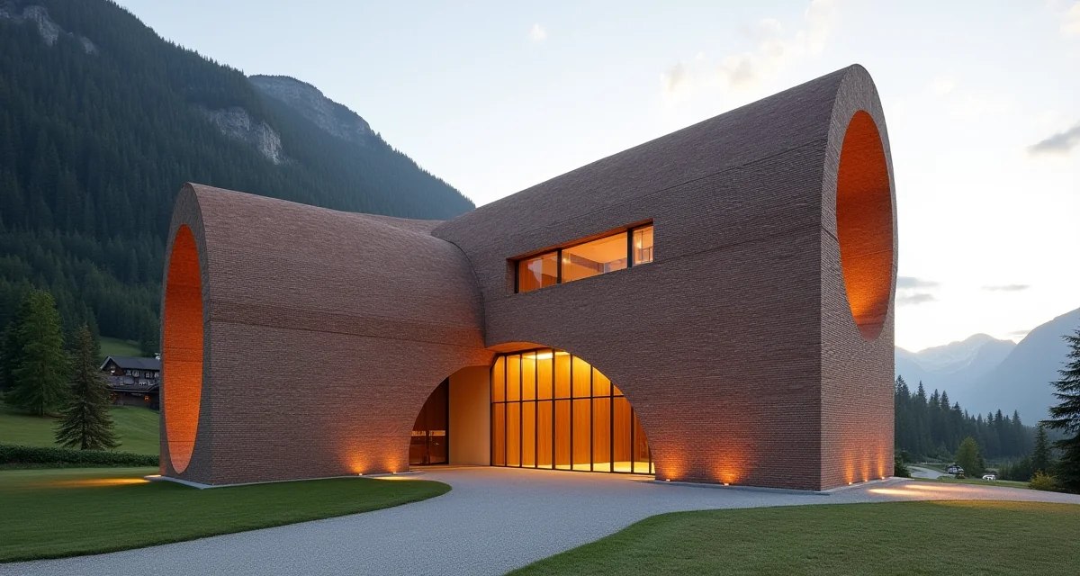 Chiesa moderna in mattoni con forma cilindrica e tetto inclinato in stile Mario Botta