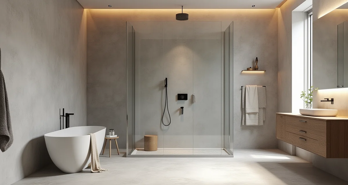 Pareti bagno rivestite con marmorino veneziano grigio lucido e finitura nuvolosa