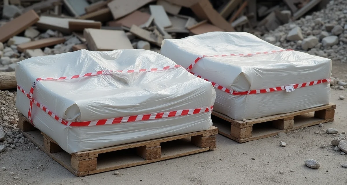 Bancali di lastre in fibrocemento sigillati nella plastica e delimitati da nastro di pericolo in un cantiere di demolizione