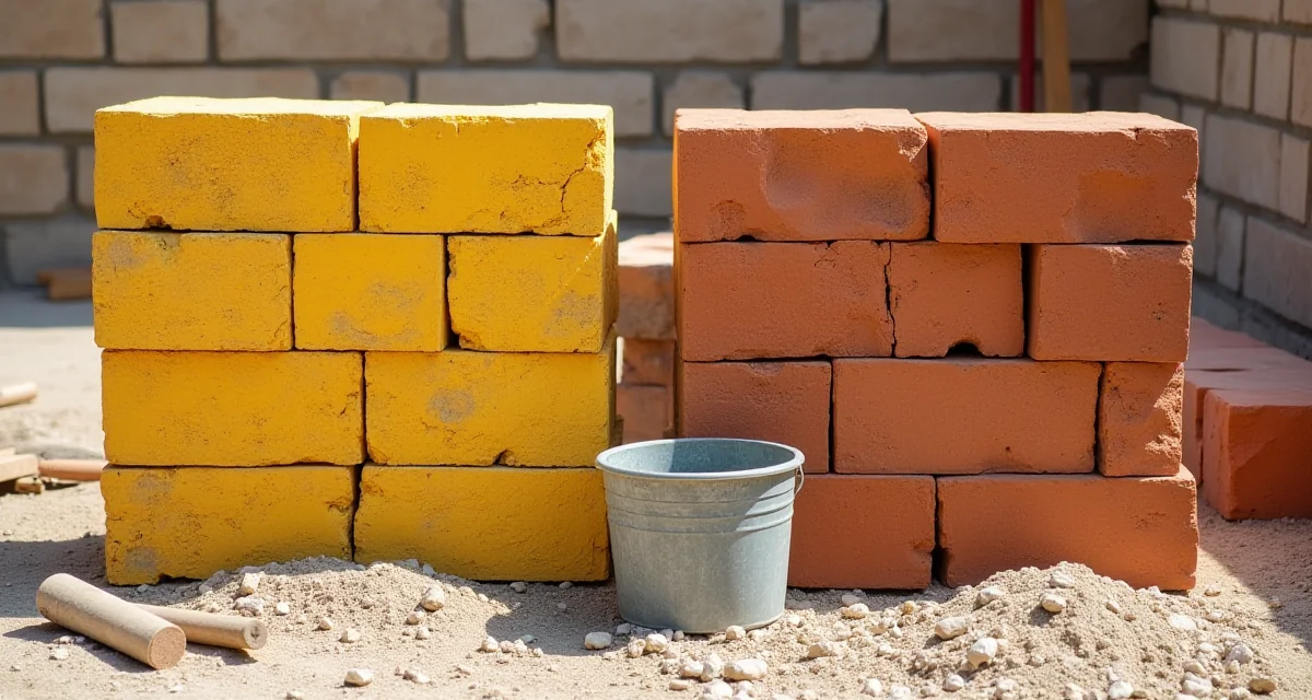 Pila di blocchi di tufo giallo accanto a mattoni forati rossi con secchio di malta e cazzuola sul cantiere