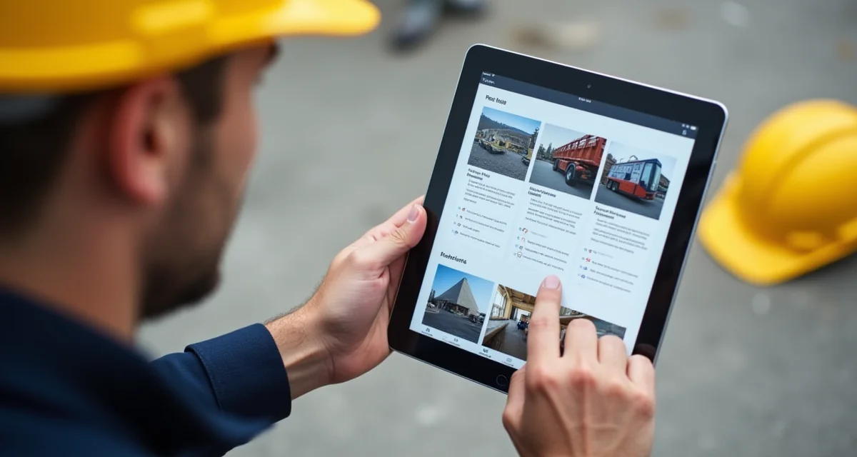 Tablet con app di gestione cantiere e casco protettivo su un'area di lavoro in costruzione