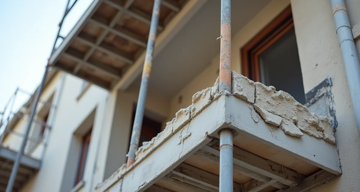 Balcone condominiale in ristrutturazione con impalcatura, calcestruzzo fessurato e tondini di acciaio esposti