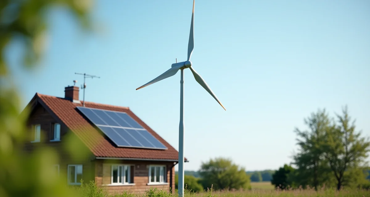 Turbina eolica domestica su palo accanto a una casa di campagna con pannelli solari sul tetto in una giornata di sole
