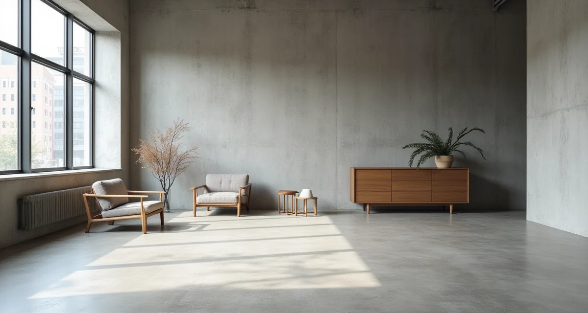 Pavimento e pareti in microcemento grigio continuo per un moderno loft dal design essenziale e luminoso
