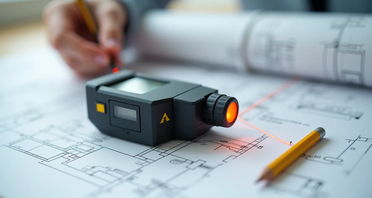 Misuratore laser digitale compatto posato su una pianta architettonica accanto a una matita con illuminazione soffusa