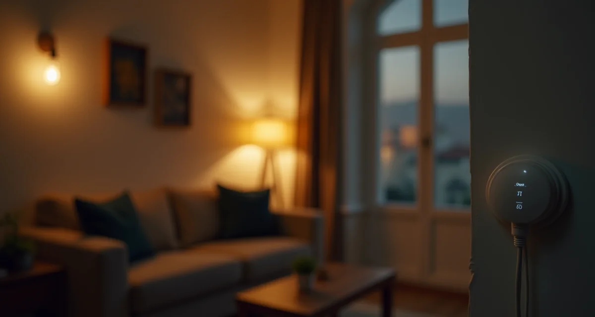 Soggiorno con lampadine LED, presa intelligente e termostato per risparmiare energia elettrica