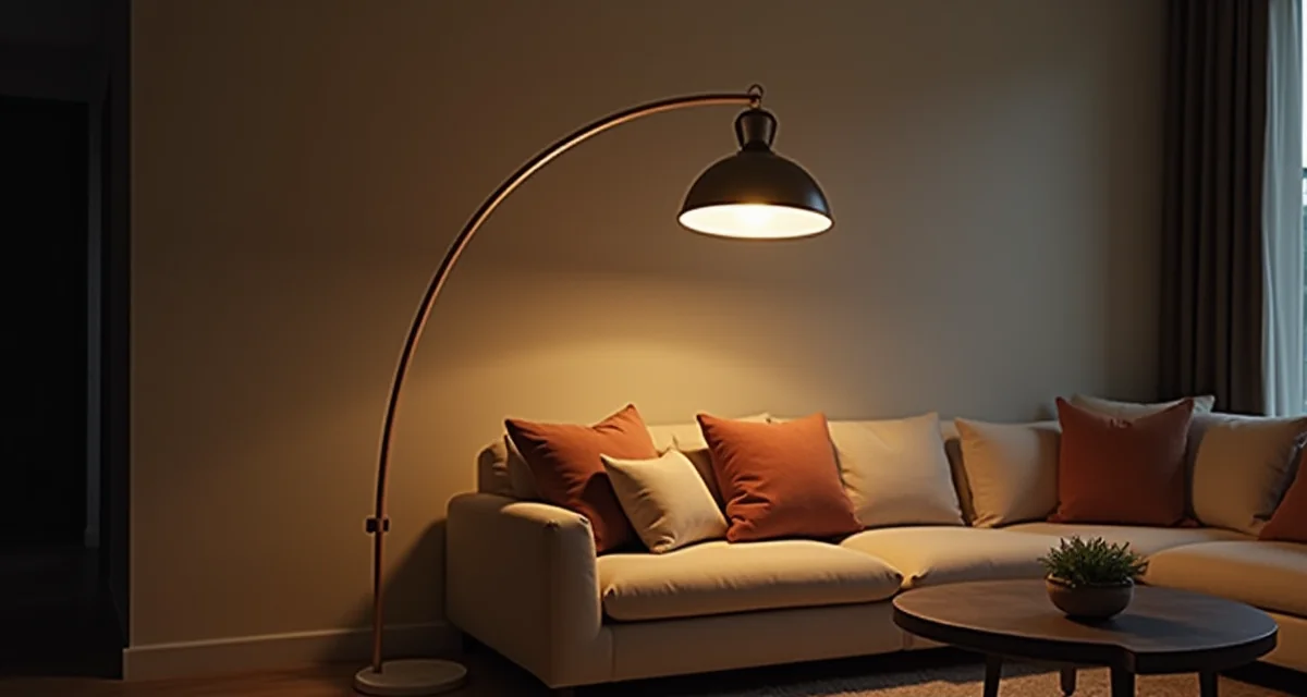 Lampada da terra arcuata con base in marmo che illumona un divano in un soggiorno elegante