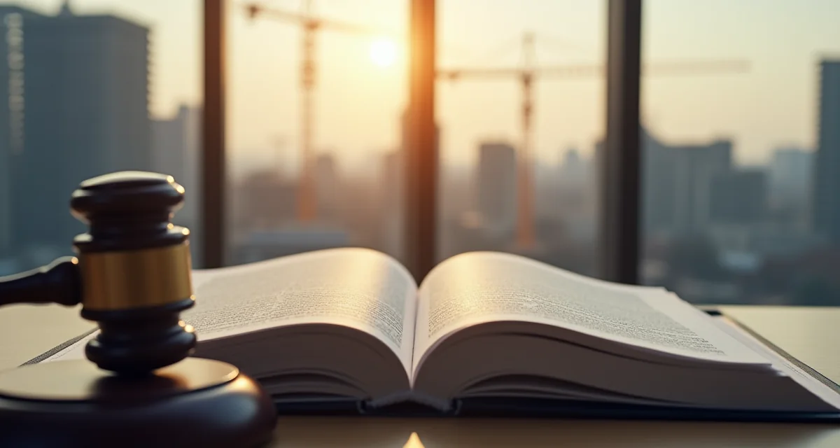 Libro di leggi aperto con mazzetta su scrivania davanti a cantiere edile illuminato
