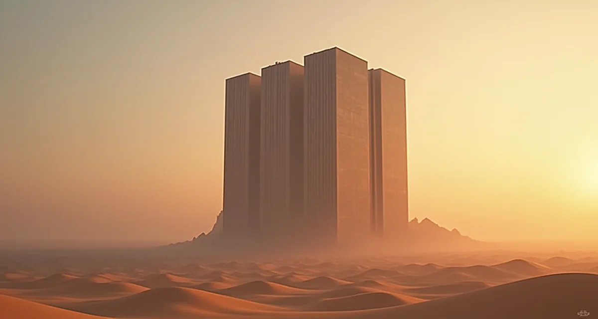 Grattacielo cubico futurista che sorge dal deserto al tramonto con cielo caldo