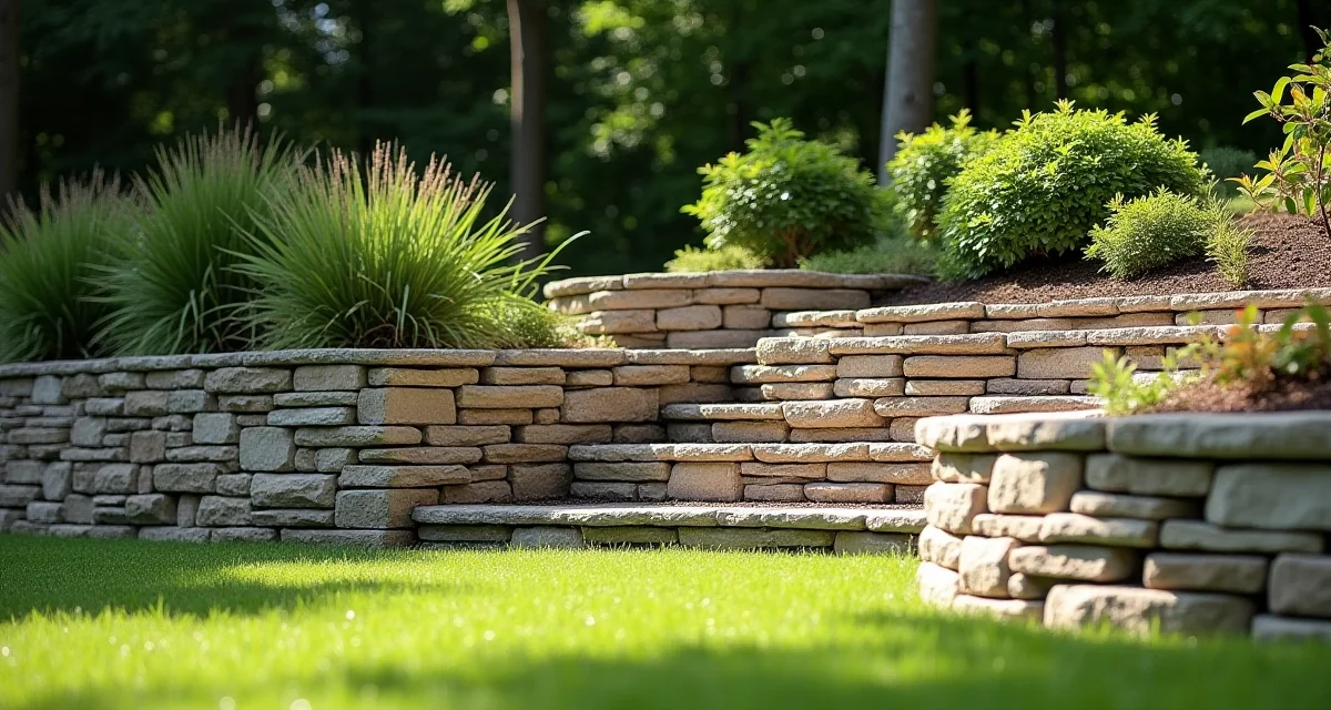Muro di contenimento in pietra naturale a secco che trattiene un prato terrazzato con arbusti sotto la luce del sole pomeridiano