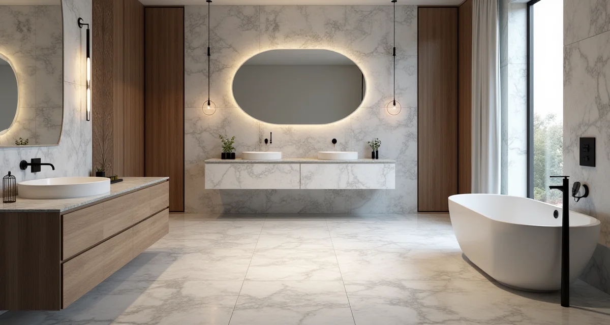 Rivestimenti bagno moderni con lastre effetto marmo, piastrelle legno e rubinetteria nera opaca