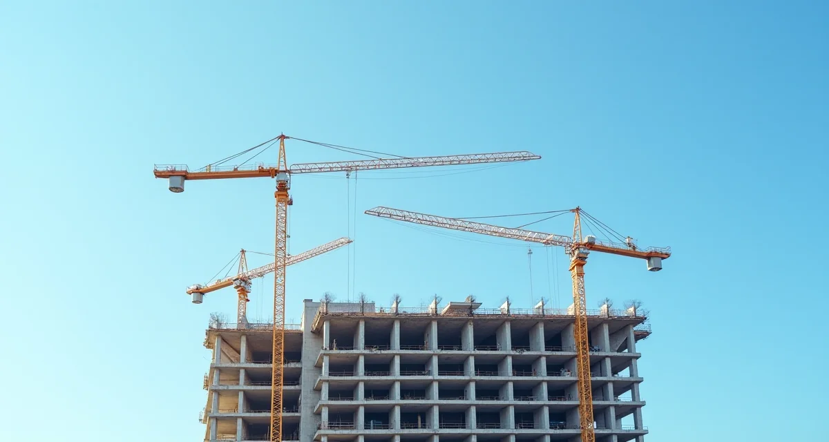 Grande cantiere edile con gru torri contro cielo blu, struttura in calcestruzzo e impalcatura