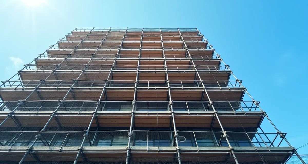 Scafo metallico tubolare con rete di sicurezza copre la facciata dell'edificio sotto un cielo blu