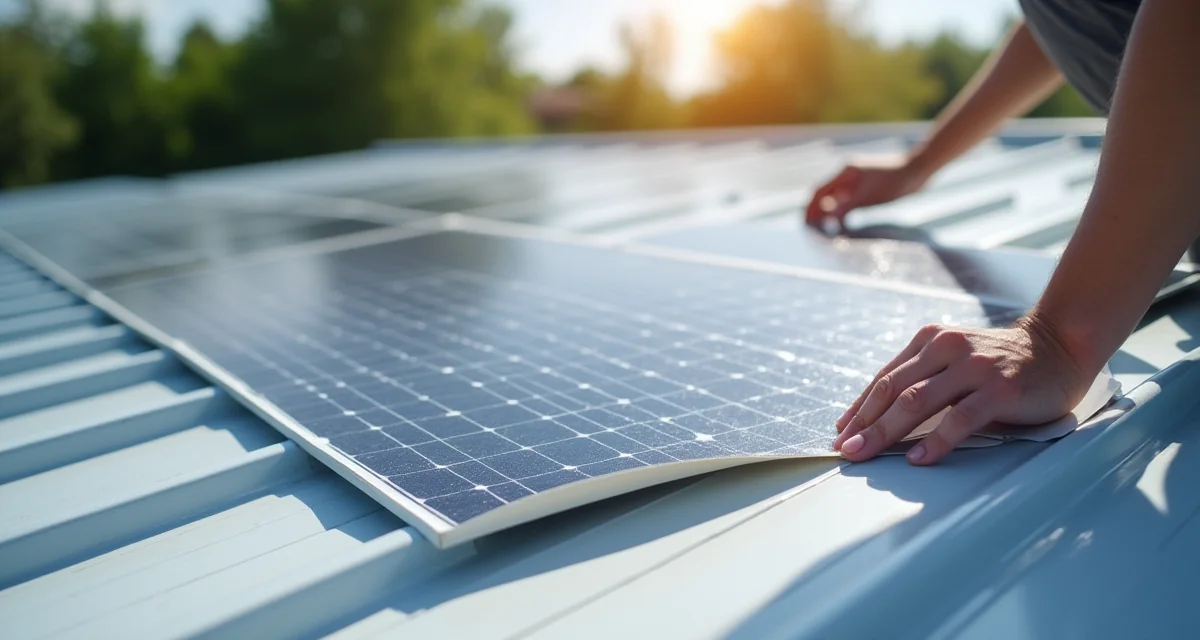 Pannelli fotovoltaici adesivi flessibili applicati su tetto metallico curvo con supporto visibile