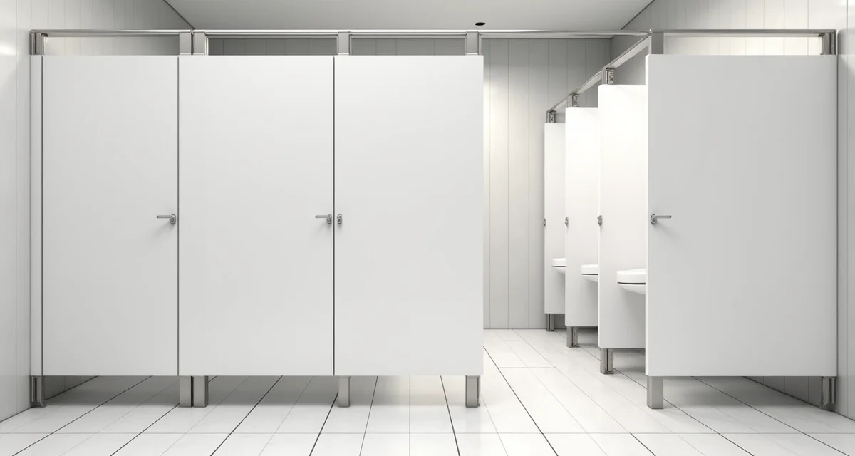 Cabine divisorie in laminato HPL bianco con accessori in alluminio e pavimento piastrellato per bagno pubblico moderno