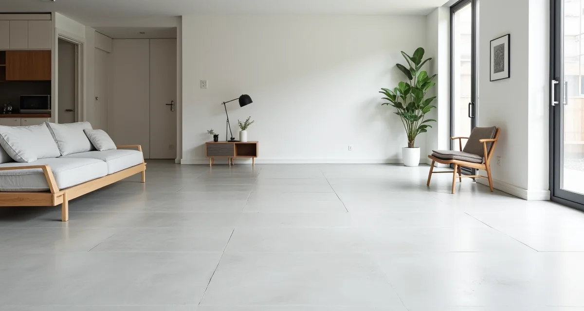 Pavimento in microcemento grigio chiaro senza giunzioni in un soggiorno moderno con illuminazione naturale
