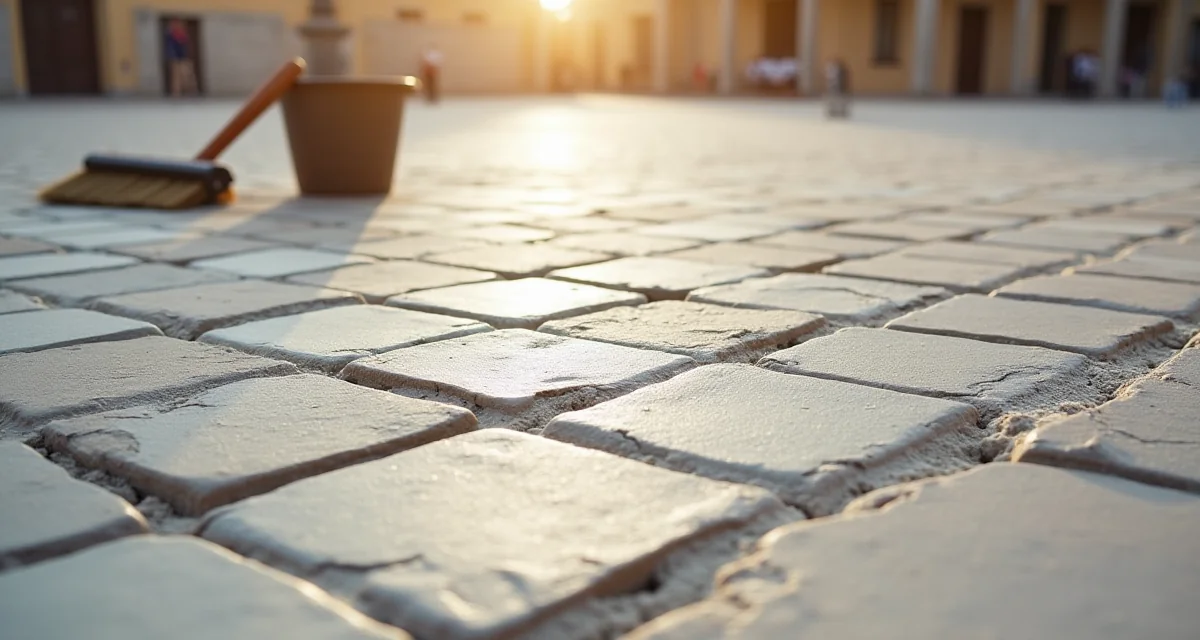 Tasselli di porfido con stucco grigio fresco tra le giunture per la pavimentazione di una piazza italiana