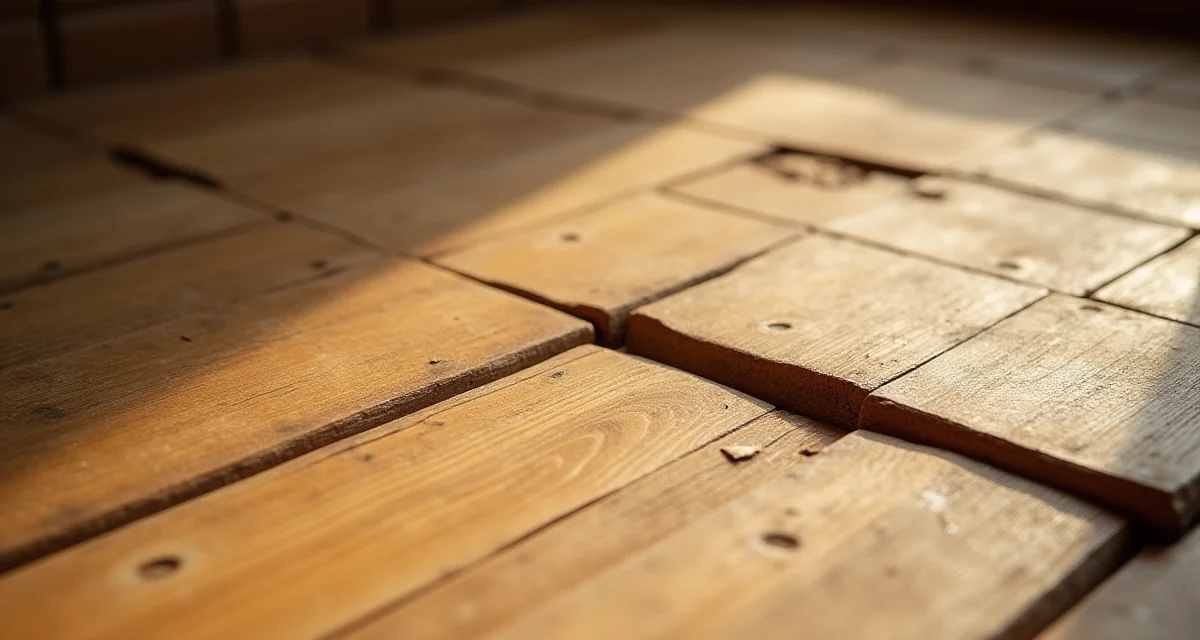 Parquet in rovere antico con una tavola sollevata e fessura tra le assi che evidenzia il distacco
