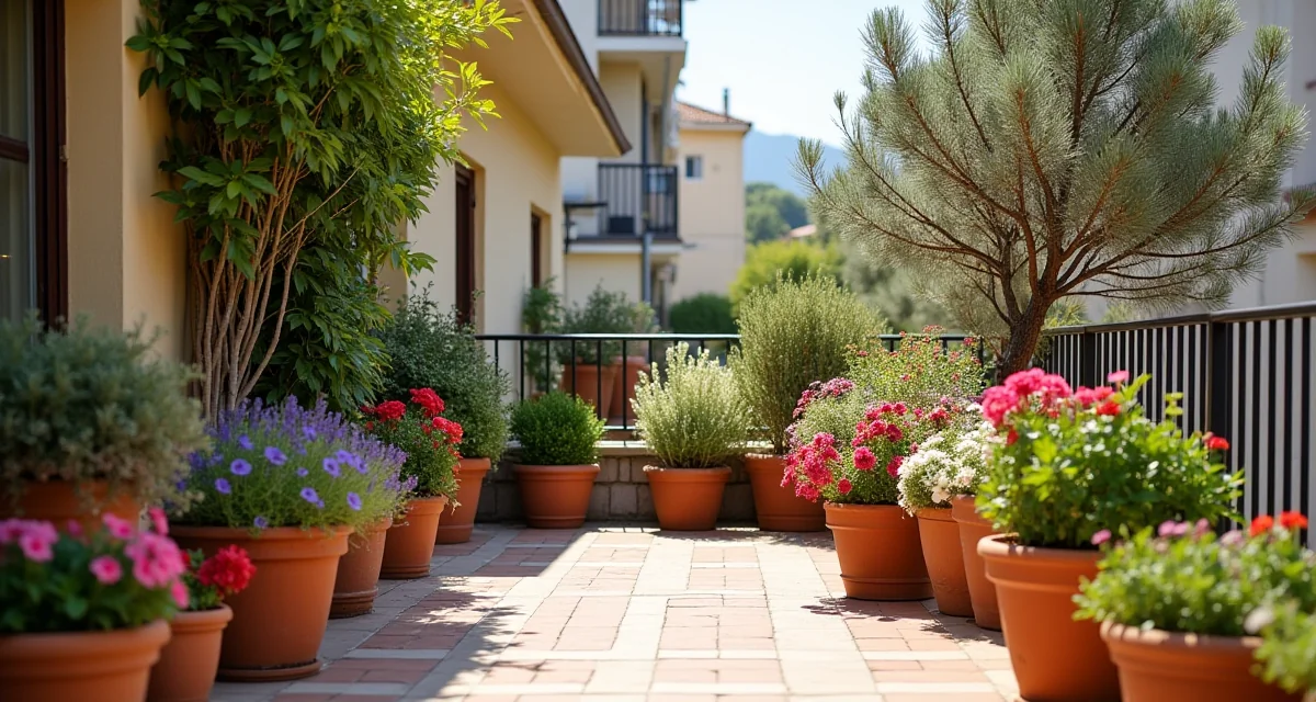 Terrazza soleggiata con piante da vaso come oleandro, lavanda e gerani in vasi di terracotta