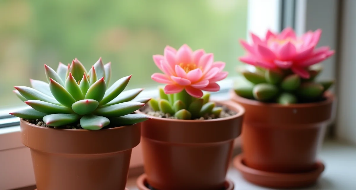 Echeveria rosa, cactus di Natale e kalanchoe fioriti in vaso su davanzale soleggiato