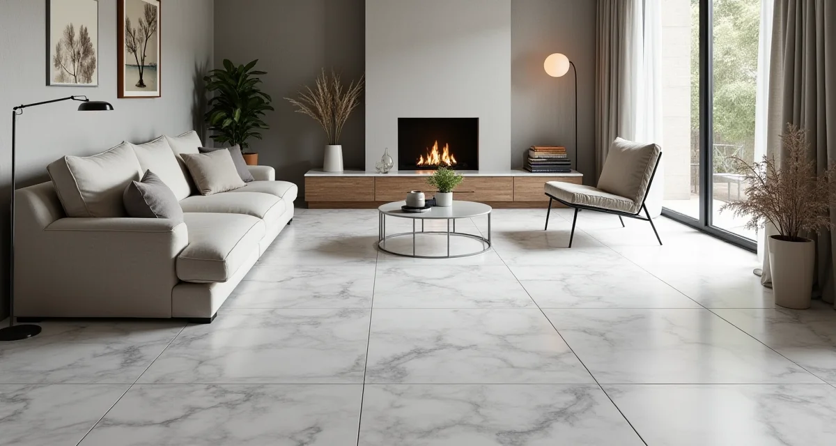 Grandi piastrelle in gres porcellanato grigio effetto marmo per pavimenti moderni in un soggiorno luminoso e minimalista