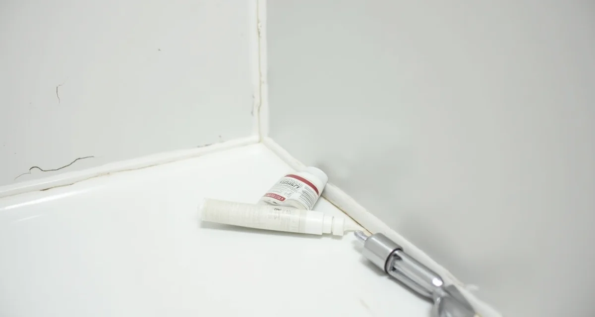 Bordo piatto doccia bianco con vecchio silicone crepato e tubo di nuovo sigillante accanto