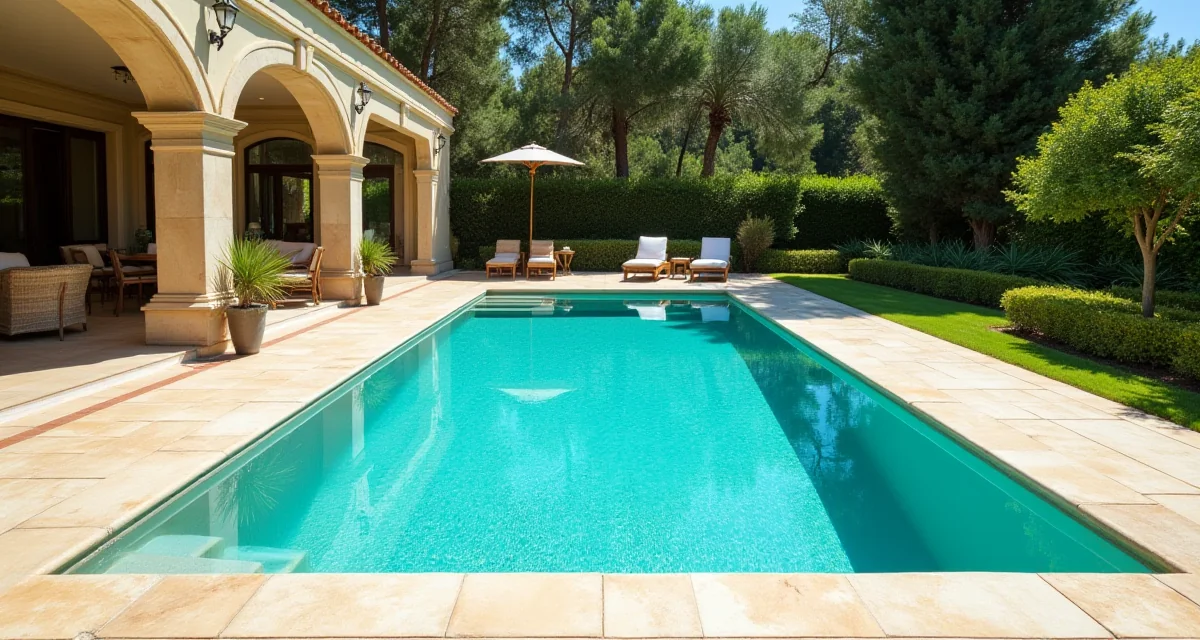 Piscina interrata rettangolare con acqua turchese e bordo in travertino in un giardino mediterraneo