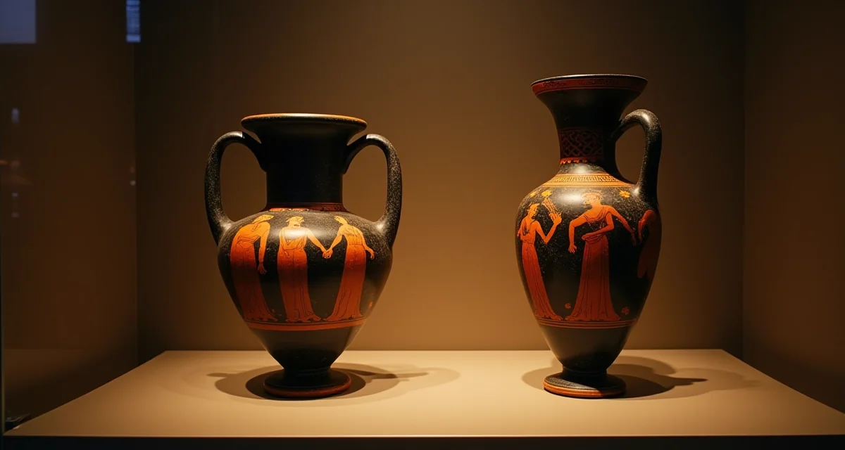 Vasi greci antichi con decorazioni nere e rosse esposti in una teca museale sotto illuminazione calda