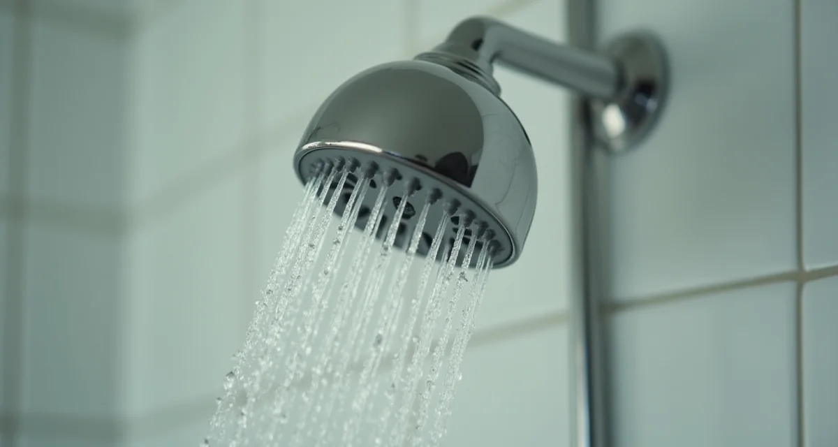 Doccia cromata con getto d'acqua debole in un bagno piastrellato, che evidenzia la scarsa pressione