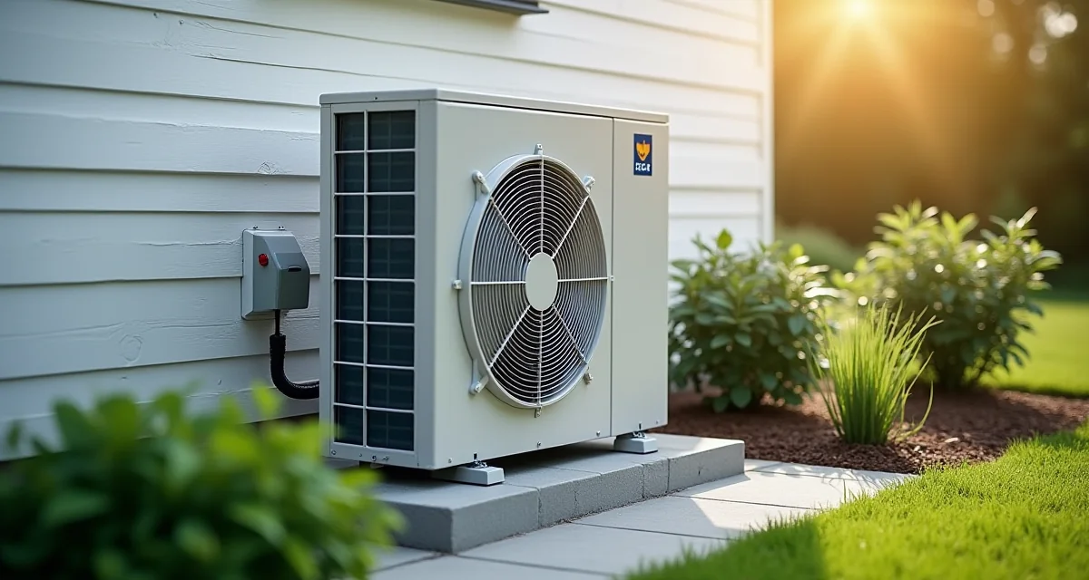 Unità esterna pompa di calore aria-acqua su basamento in calcestruzzo accanto a casa moderna