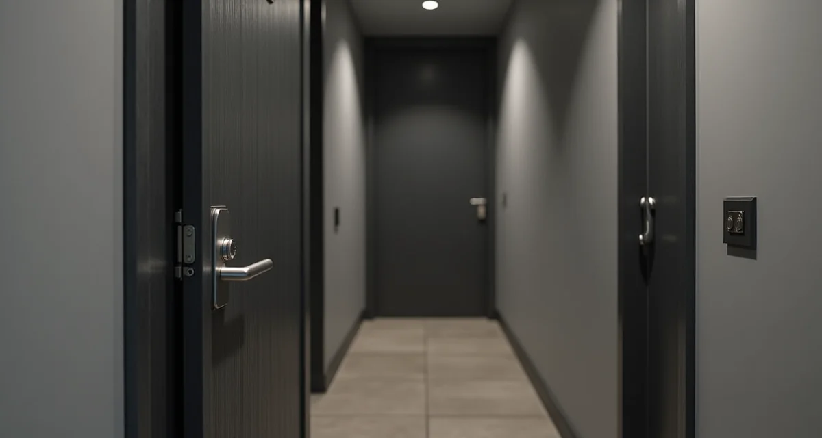 Porta blindata moderna grigio scuro con telaio in acciaio e maniglia satinata nel corridoio di un edificio residenziale