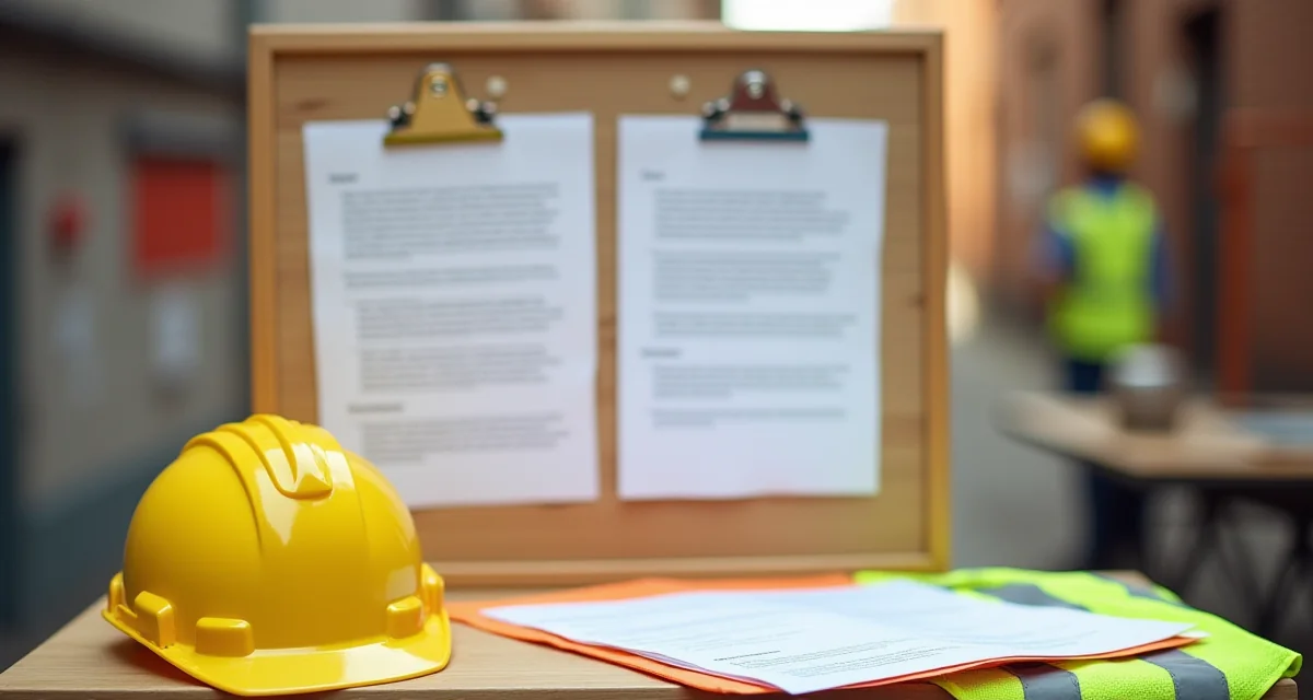 Casco e giubbotto su tavolo con documenti Pos e Psc per la sicurezza nei cantieri edili